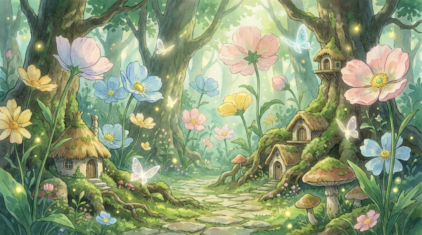 Studio Ghibli style magical garden with oversized flowers, tiny fairy houses, a winding stone path, butterflies and fireflies