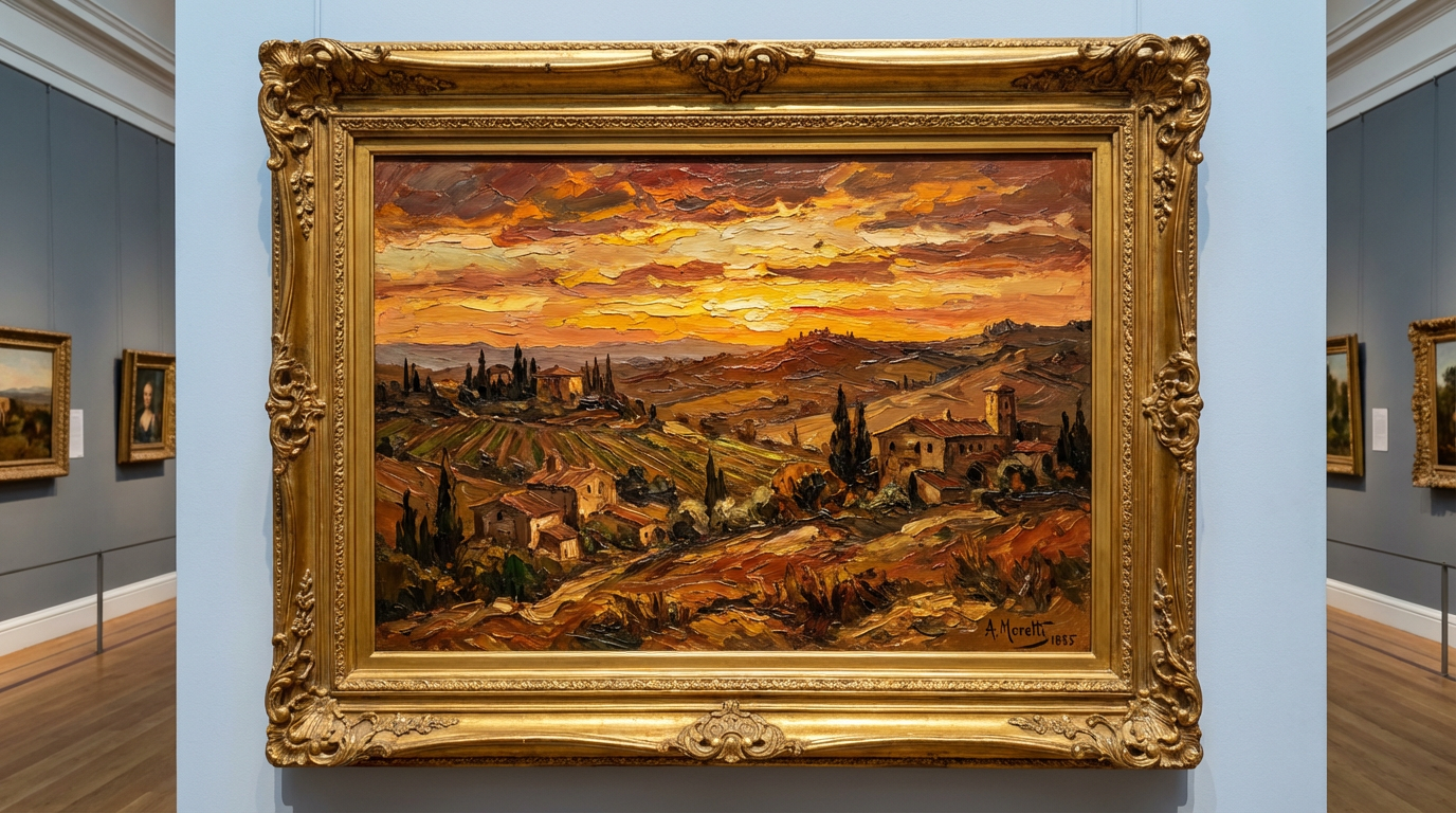 A stunning oil painting of a golden sunset over rolling Tuscan hills, thick impasto brushstrokes visible in the sky, rich amber and crimson tones, classical fine art quality