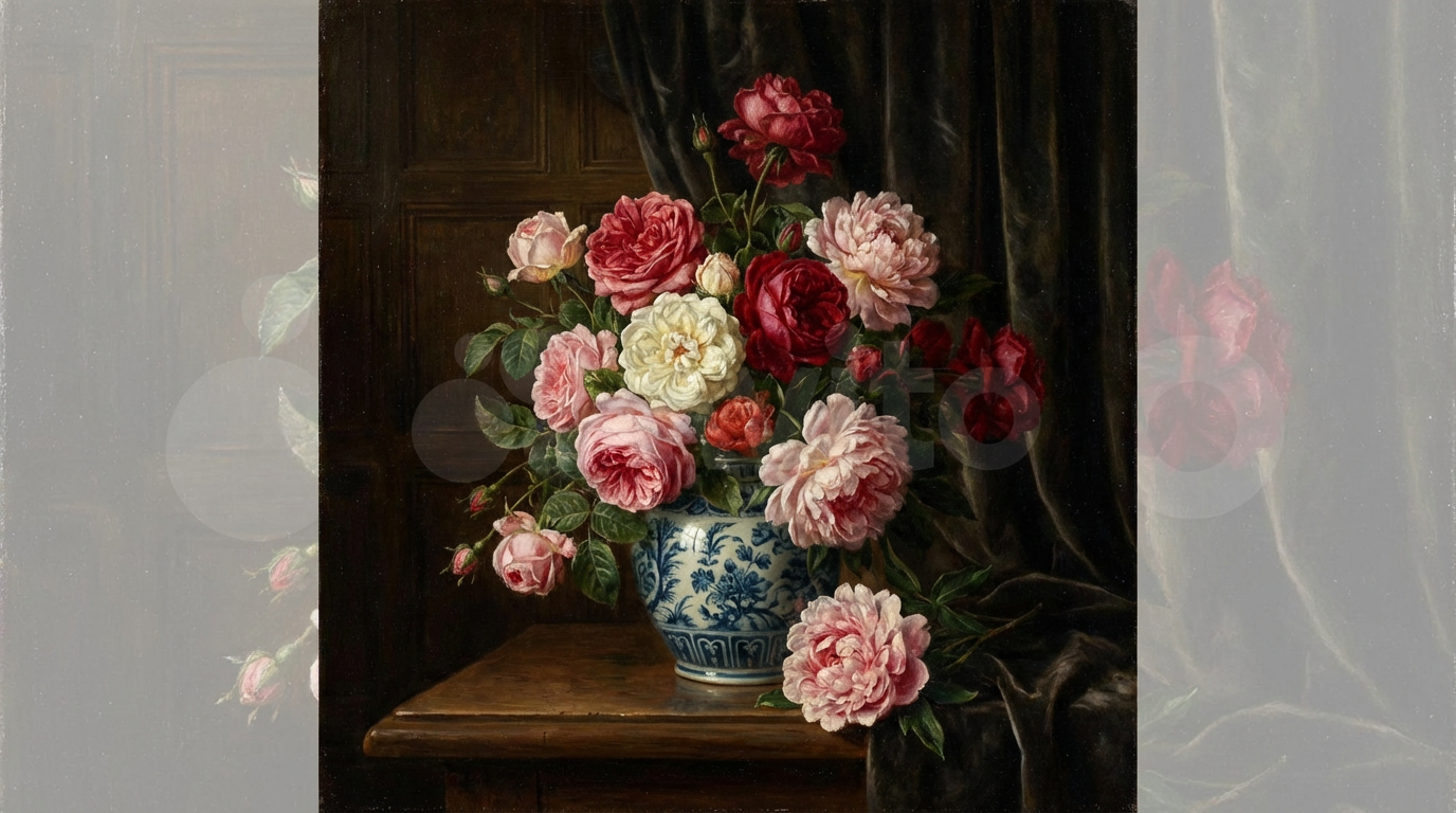 Classical oil painting of a still life with flowers in a ceramic vase, vibrant roses and peonies, dark moody background, Dutch Golden Age style