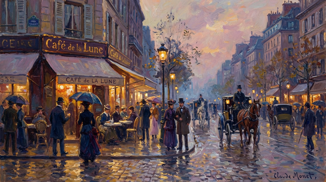Impressionist oil painting of a Parisian cafe scene at twilight, warm lamplight reflecting on wet cobblestones, loose expressive brushstrokes