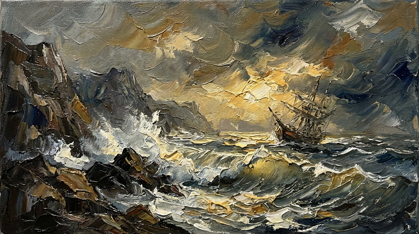 Oil painting of a dramatic seascape with crashing waves against rocky cliffs, stormy sky with breaking sunlight, thick palette knife texture