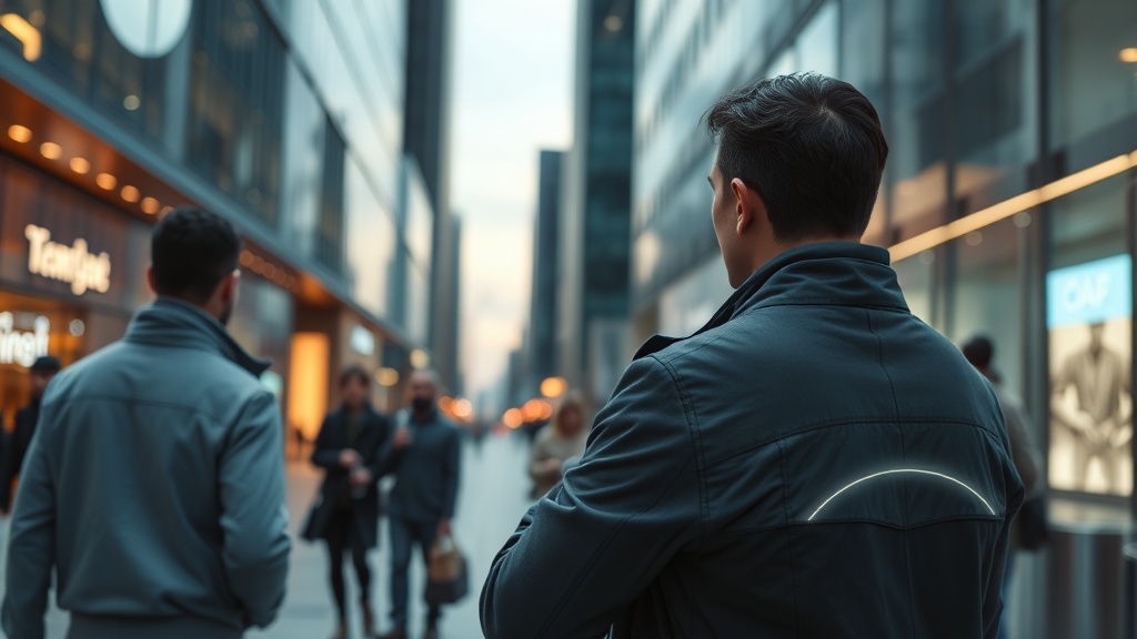 Person adjusting jacket in plaza