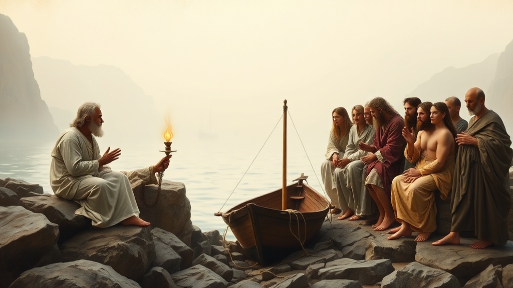 Allegorical scene of council by the shore