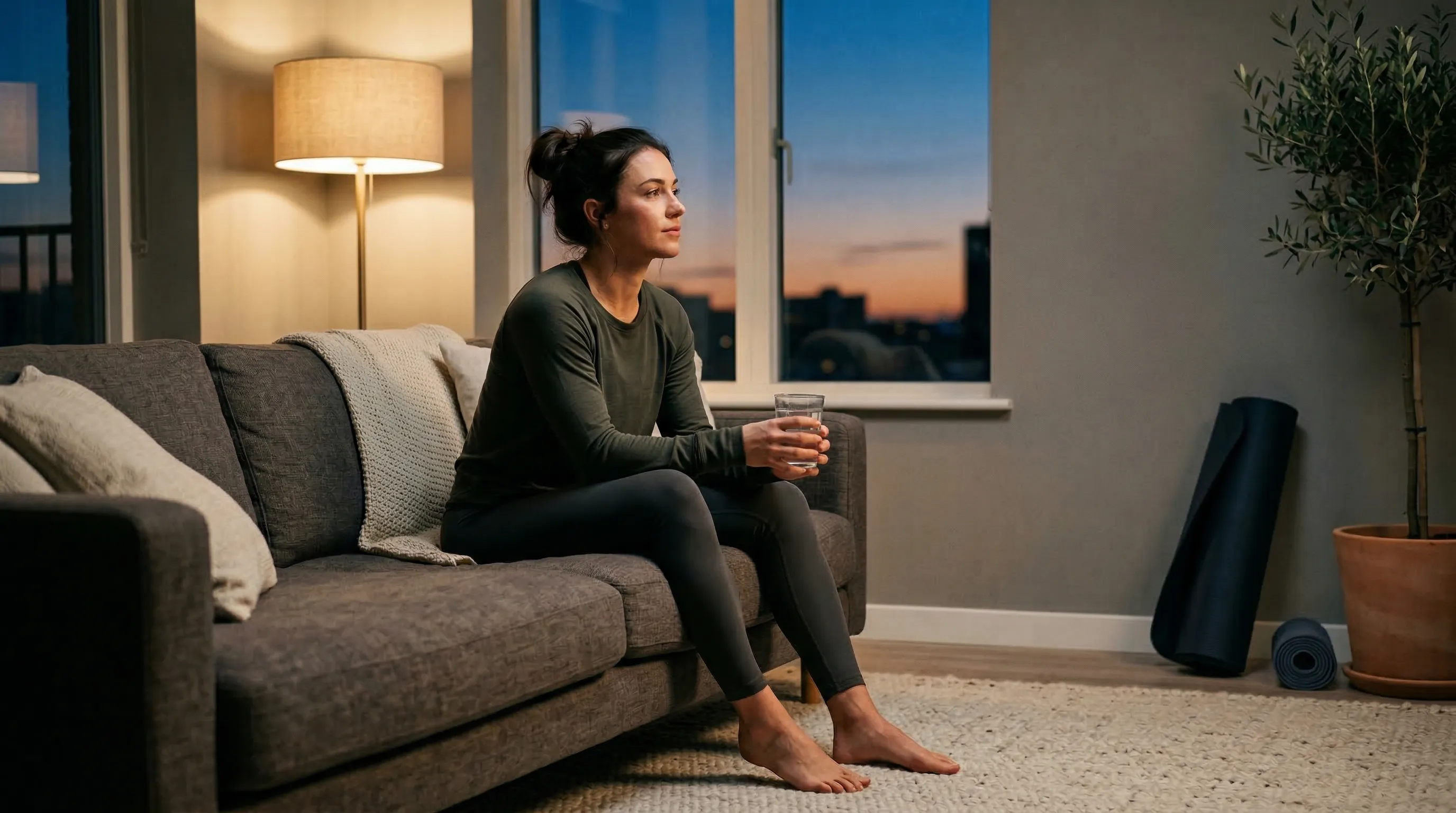 Athlete resting after training in a calm modern interior with a glass of water