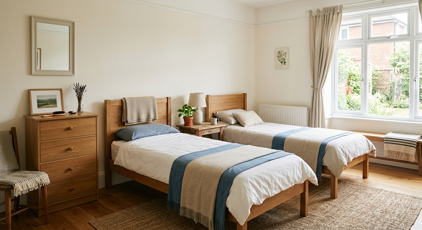 Empty residential bedroom with neutral beige walls, hardwood floors, and natural light streaming through clean windows