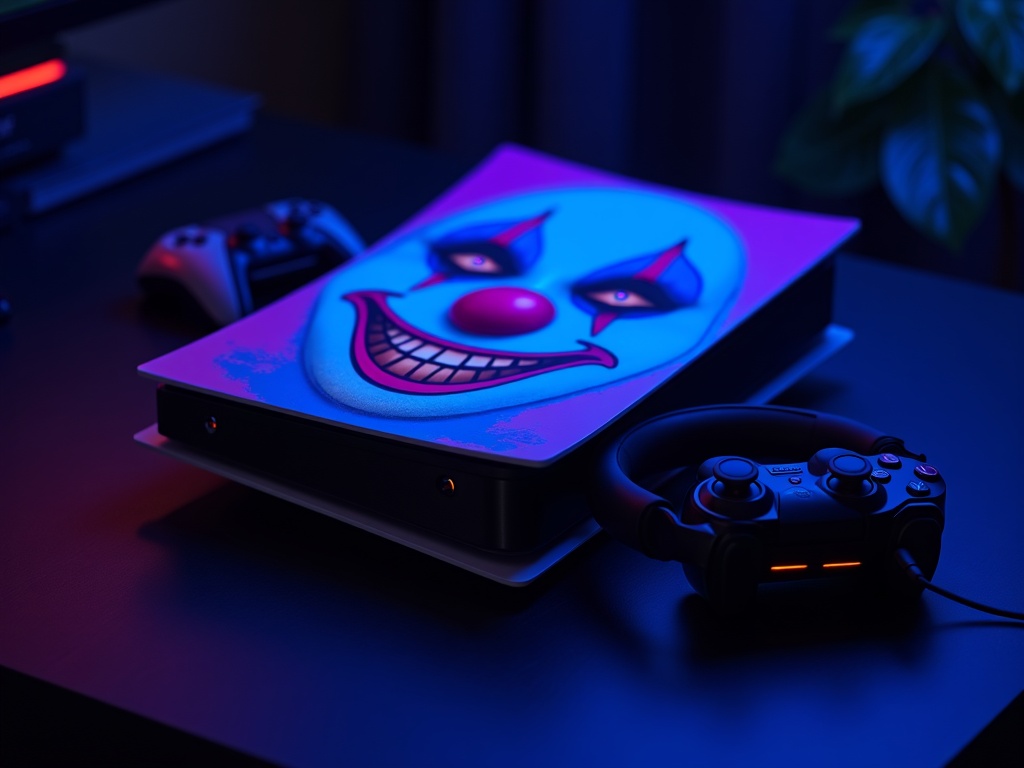 Vista de un setup gaming completo con la PS5 personalizada con el vinilo PlayVital Clown Hahaha