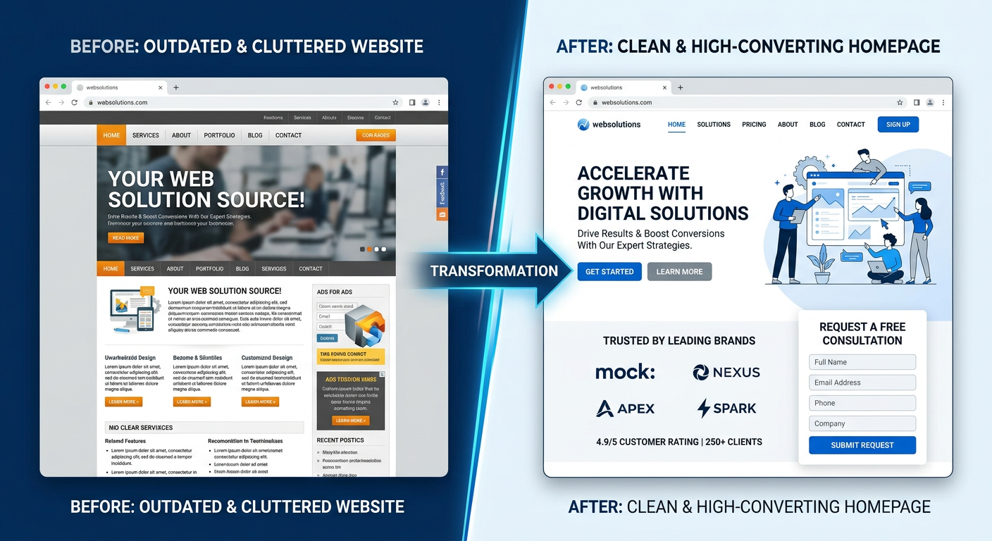 Website Redesign for Lead Generation That Actually Converts 2 A modern illustrative split-screen concept showing an outdated cluttered website transforming into a clean, high-convertin...