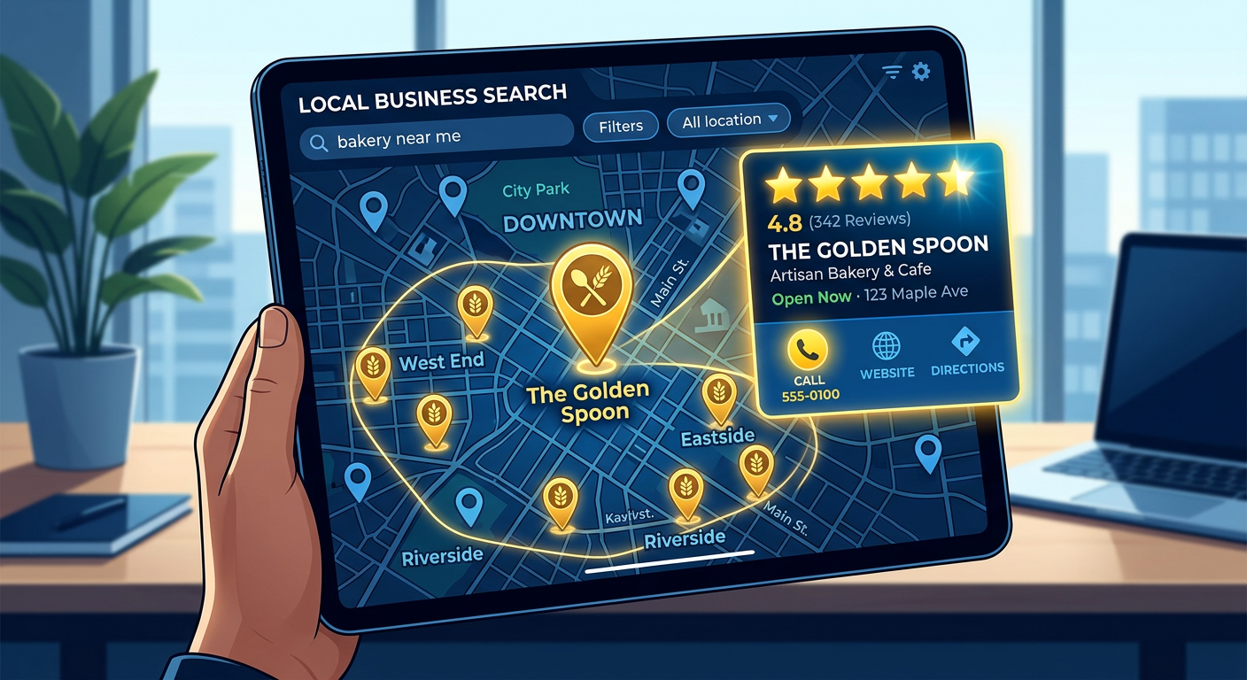 Google Business Profile Optimization Tips for Local Growth 2 Modern illustrative scene of a local search results map with one highlighted business profile, glowing review stars, servi...