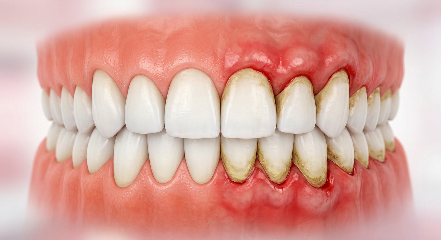 Modern editorial-style medical illustration showing healthy gums transitioning to inflamed gums with plaque buildup around...