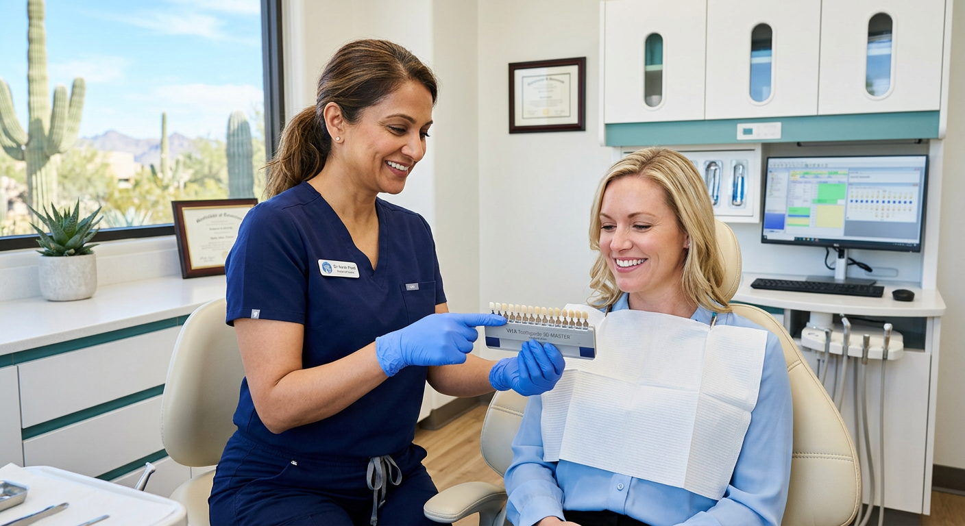 Photorealistic in-content image of a bright Scottsdale dental treatment room with a female dentist showing a smile shade g…