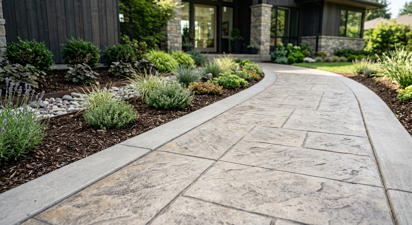 Close-up photorealistic view of a decorative concrete walkway with subtle stamped pattern, integrated curb edges, and cris...
