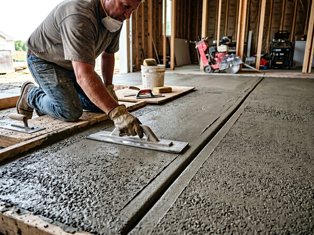 Close-up photorealistic view of a contractor finishing a fresh garage slab with a magnesium float and control joints visib...