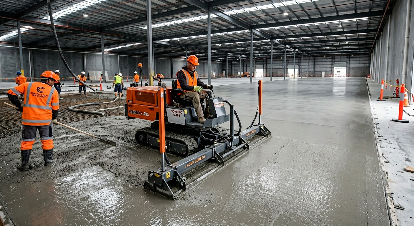 Realistic in-content image of a construction crew finishing a large concrete slab with a laser screed in the foreground an...