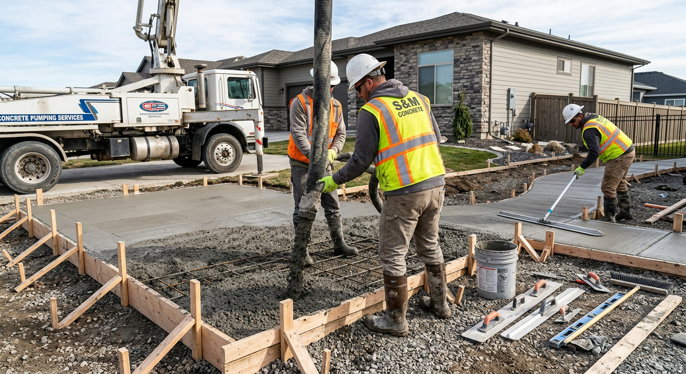 Detailed photorealistic in-content scene of a concrete crew using a pump hose to place fiber-reinforced concrete into form...