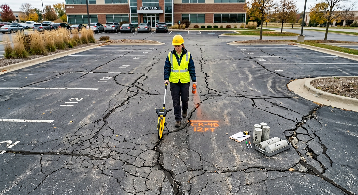 Overhead photorealistic view of a technician inspecting a cracked commercial parking lot with a measuring wheel, marking p...