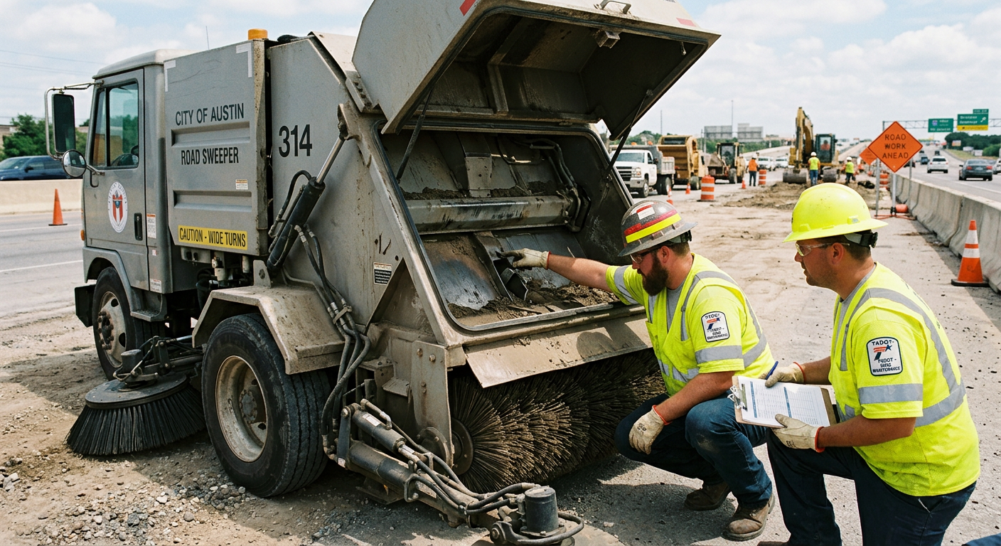 Close-up of a municipal road maintenance team inspecting a mechanical street sweeper hopper and broom components beside a ...
