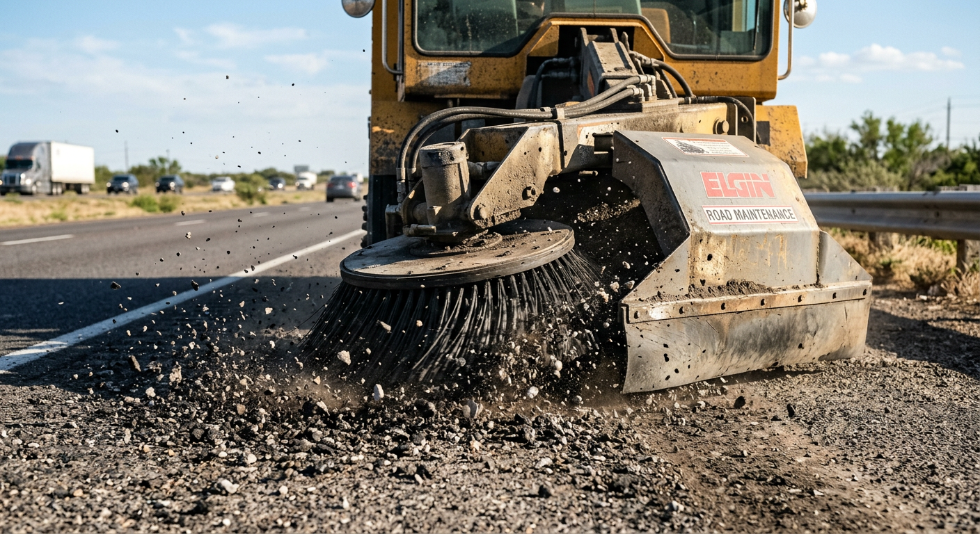 Close-up photorealistic scene of a mechanical broom sweeping coarse asphalt millings and stone chips from a roadway should...