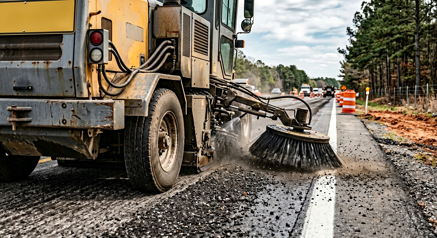 Close-up photorealistic scene of a heavy-duty mechanical street sweeper collecting asphalt milling debris on a Georgia roa...