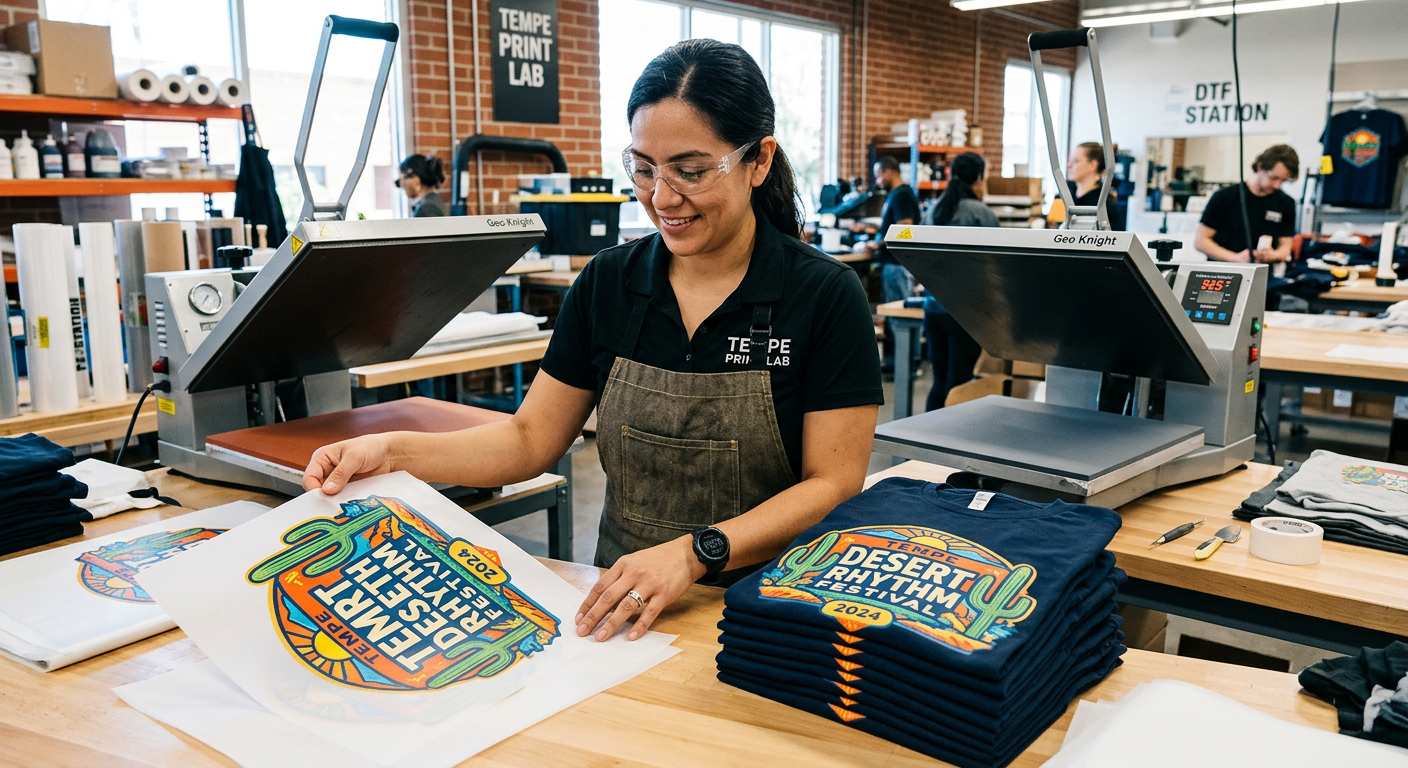 Close-up photorealistic shot of a heat press operator checking vibrant DTF transfers beside stacked garments, with colorfu...