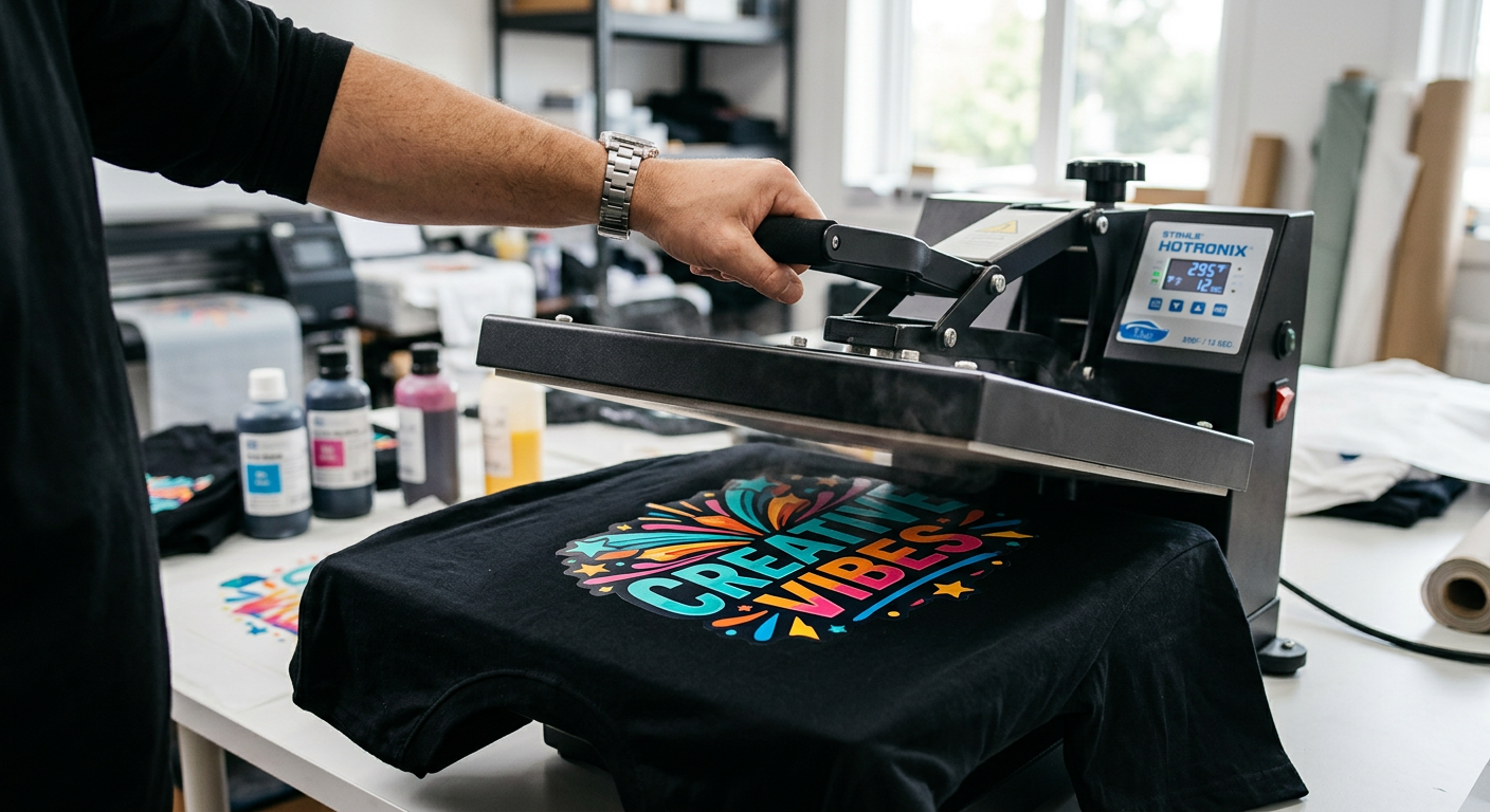 A close-up photorealistic scene of a hand pressing a colorful DTF transfer onto a black T-shirt with a heat press, crisp d...