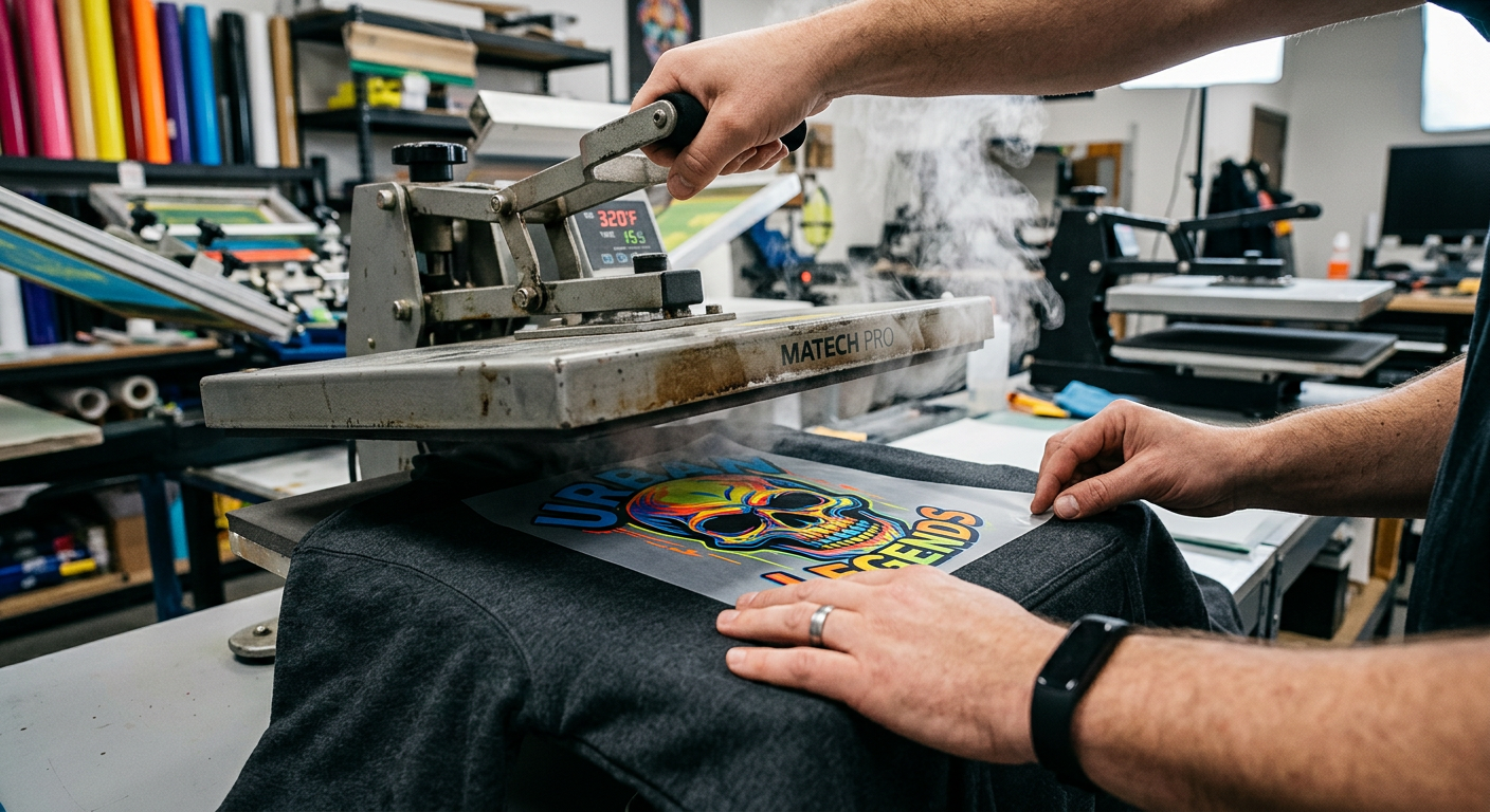 Close-up photorealistic shot of a hoodie chest area being pressed with a colorful DTF transfer, with hands aligning the pr...