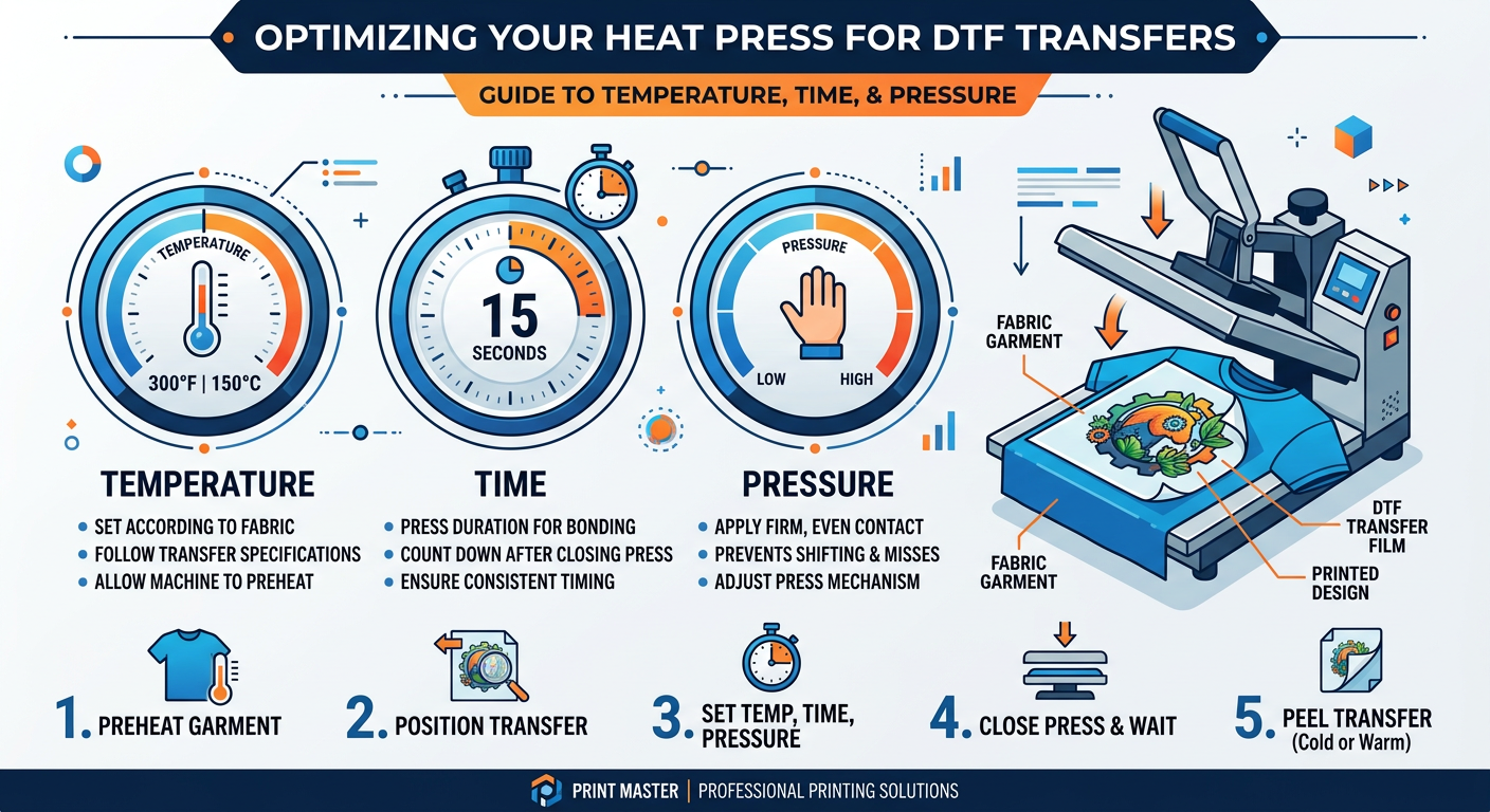 Modern infographic-style illustration of three heat press dials labeled temperature, time, and pressure with a DTF transfe...