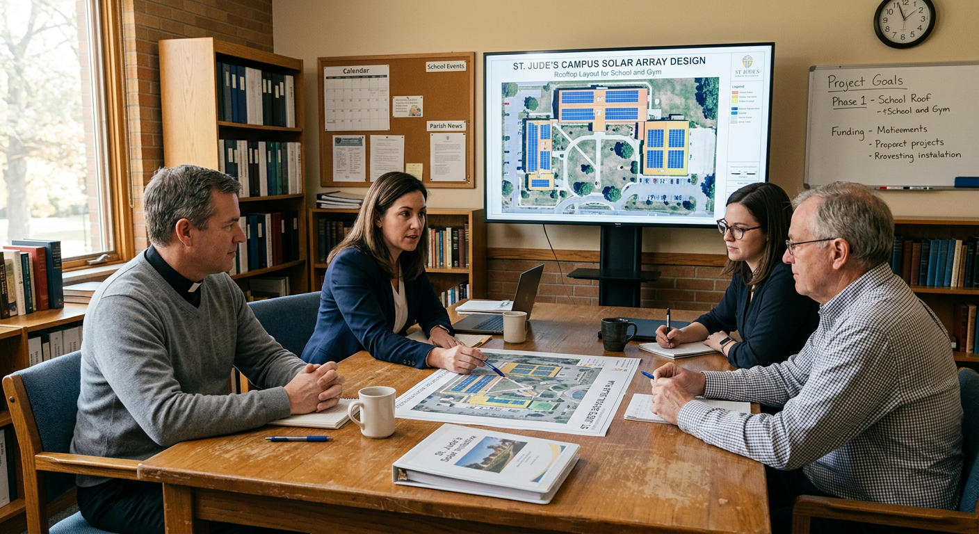 A realistic in-content scene inside a church office and school facilities meeting room, with facility leaders reviewing so...