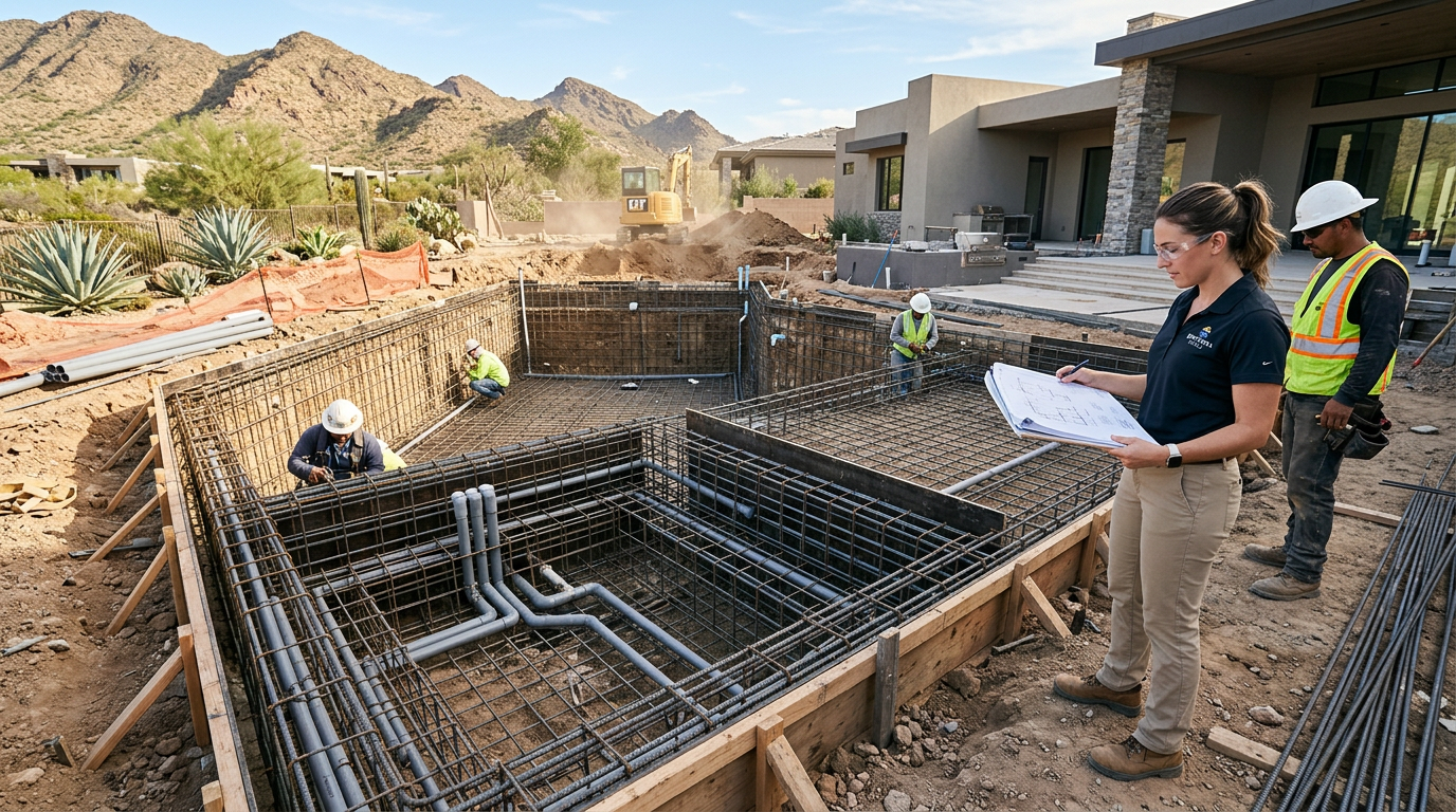 Photorealistic in-progress luxury pool rebuild showing excavation, new plumbing lines, fresh steel reinforcement, and a de...