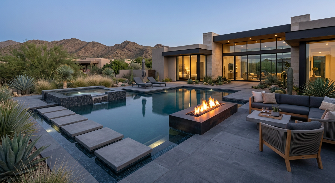 Modern backyard scene with a geometric pool, raised spa, floating steps, integrated fire feature, and sleek lounge furnitu...