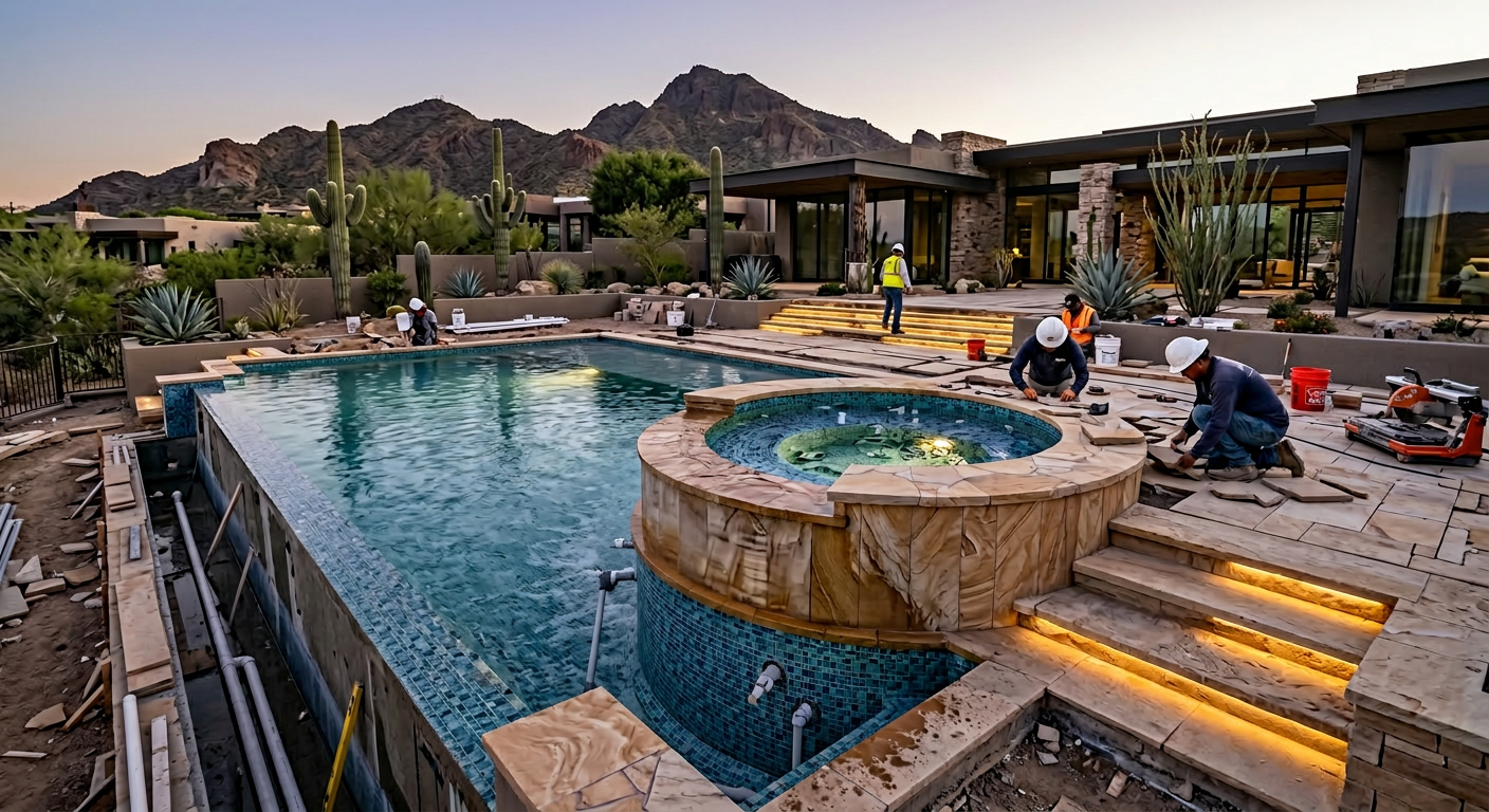 Modern in-content photorealistic scene of a luxury pool and spa under construction with stonework, spa spillway, mood ligh...