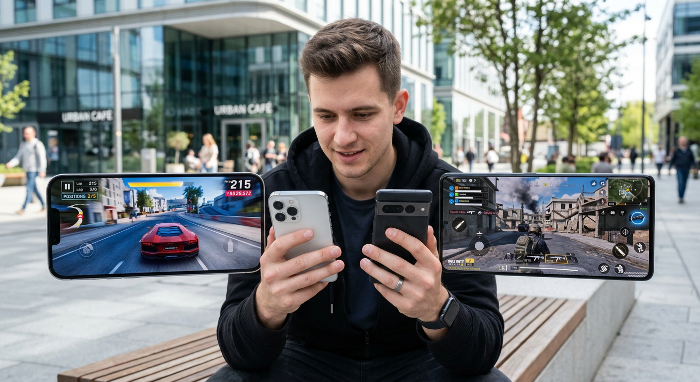 A clean, modern comparison layout showing a gamer holding two smartphones in a bright urban setting, with one screen displ...
