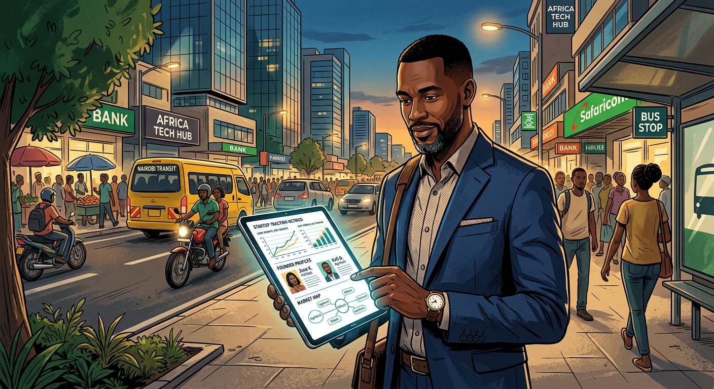 An editorial-style illustration of an investor reviewing startup traction metrics, founder profiles, and market maps on a ...