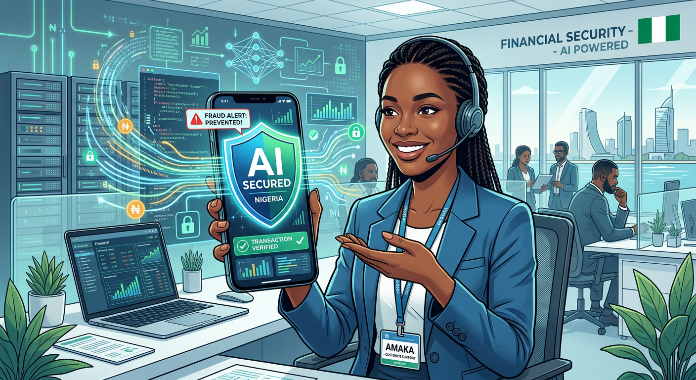 A clean editorial illustration of AI-driven financial security in Nigeria, showing a mobile phone with a shield, data stre...