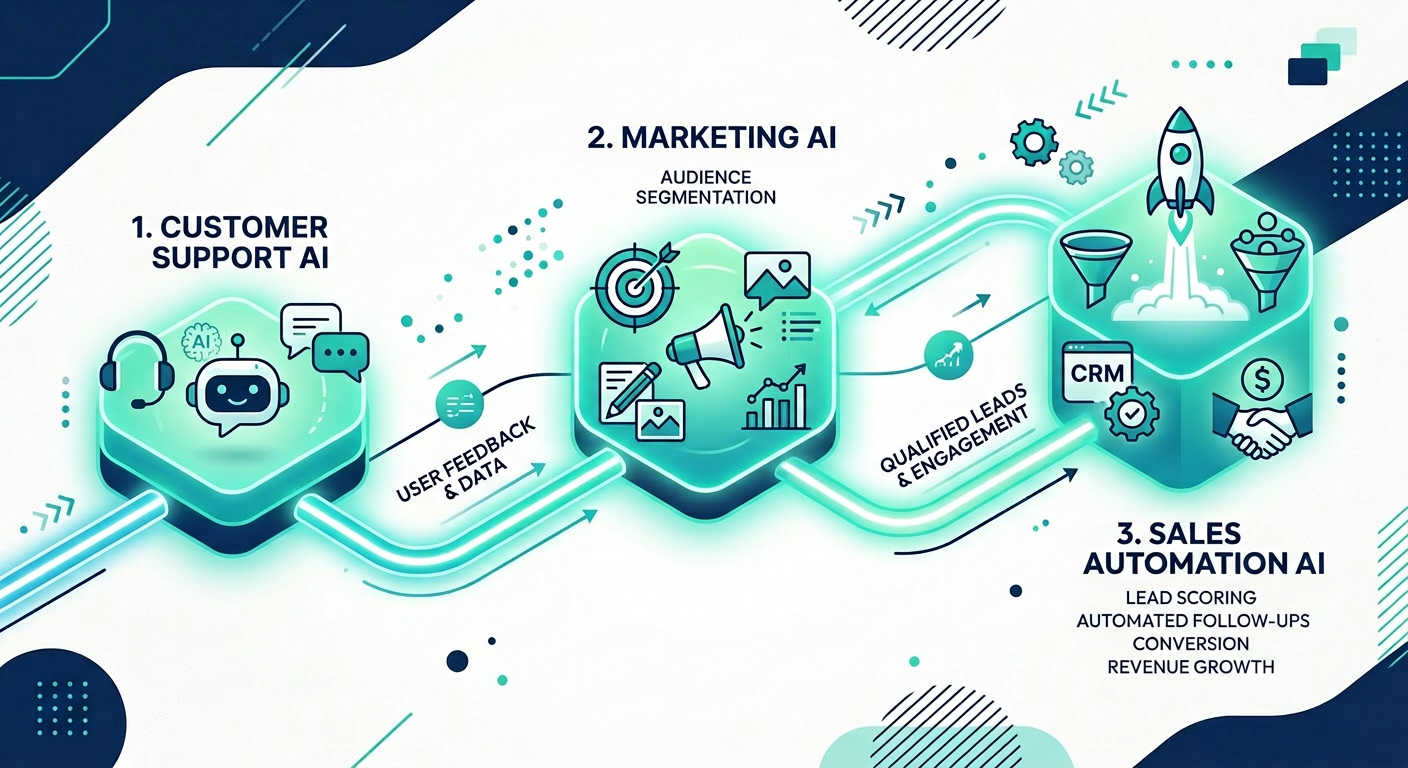 A clean, modern editorial illustration of a small business workflow with three connected AI-powered zones, customer suppor...