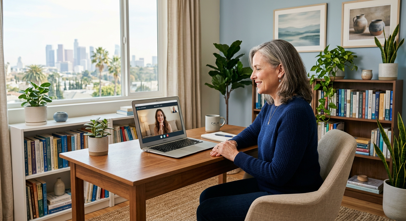 Realistic interior scene of a therapist and client on a secure video call in a bright, private home office, subtle Los Ang...