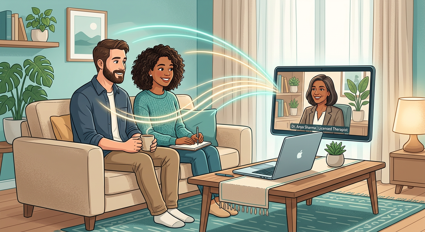 Modern illustrative image of two people and a therapist on a laptop screen connected by soft glowing lines, symbolic of se...