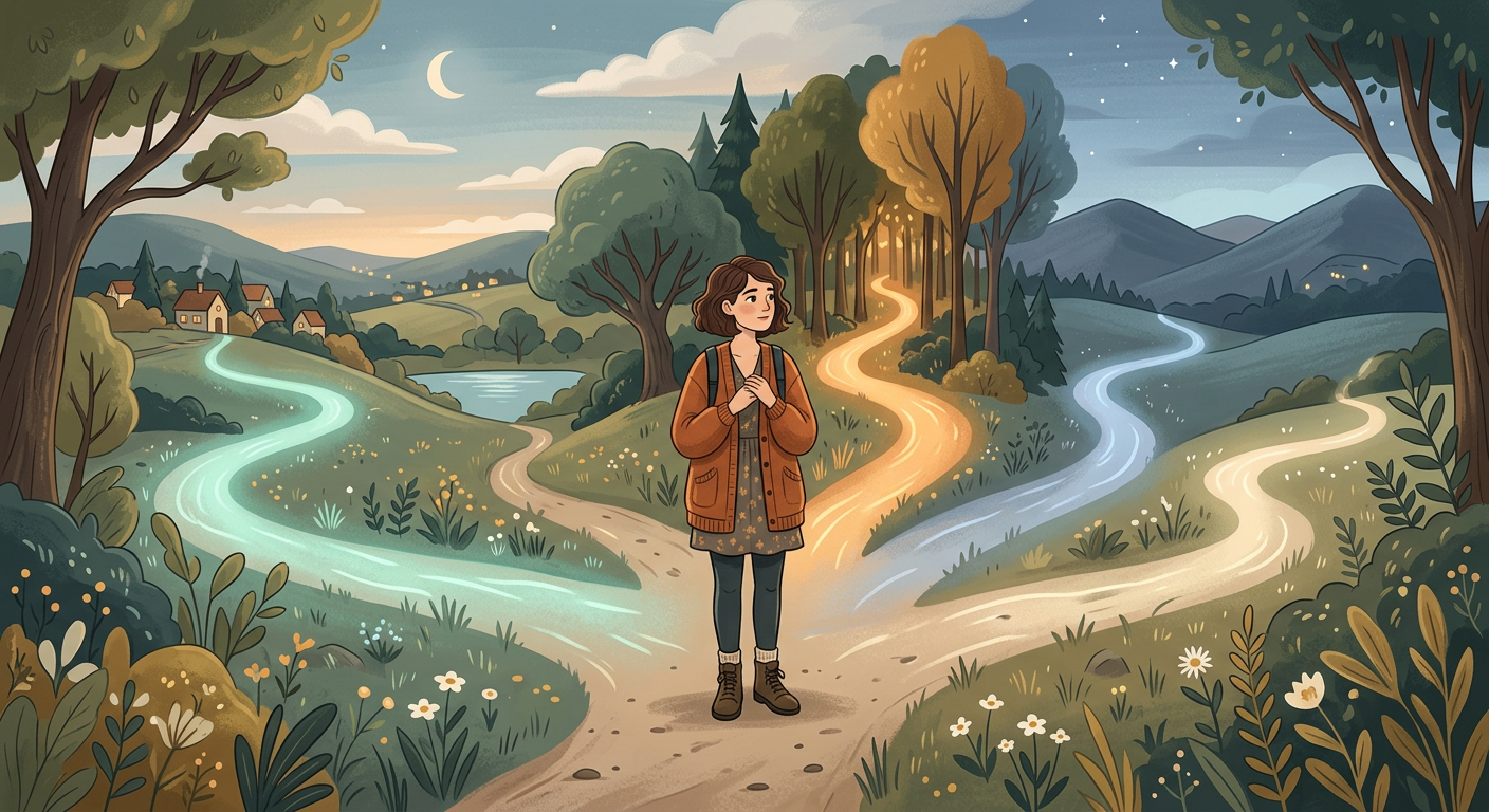 A warm, modern illustration of a person standing at a crossroads with several softly glowing paths, symbolic of decisions ...