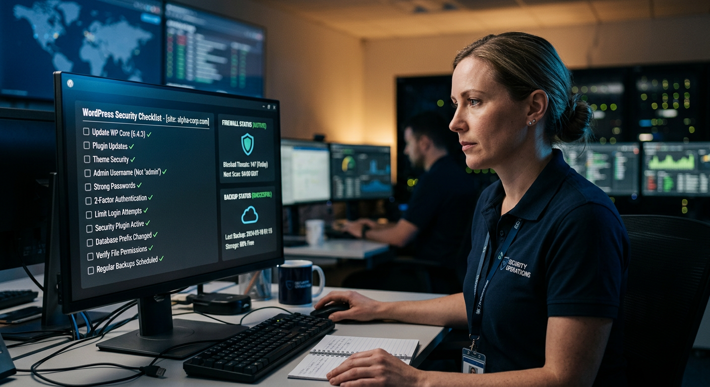 Photorealistic close-up of an IT professional reviewing a WordPress security checklist on a monitor in a secure operations...