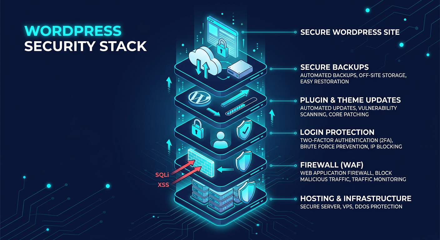 Modern isometric illustration of a layered WordPress security stack showing hosting, firewall, login protection, plugin up...