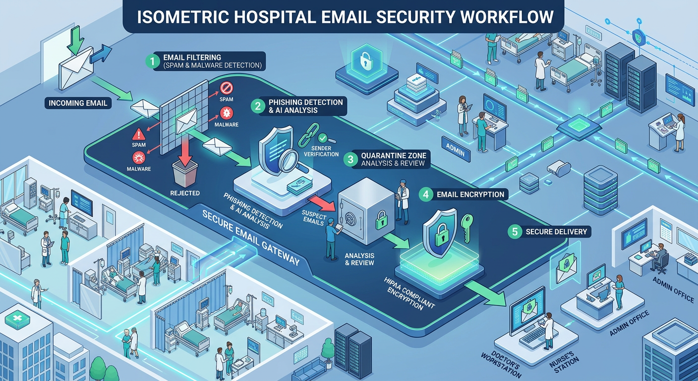 Isometric illustration of layered email security workflow in a hospital environment, showing filtering, encryption, phishi...