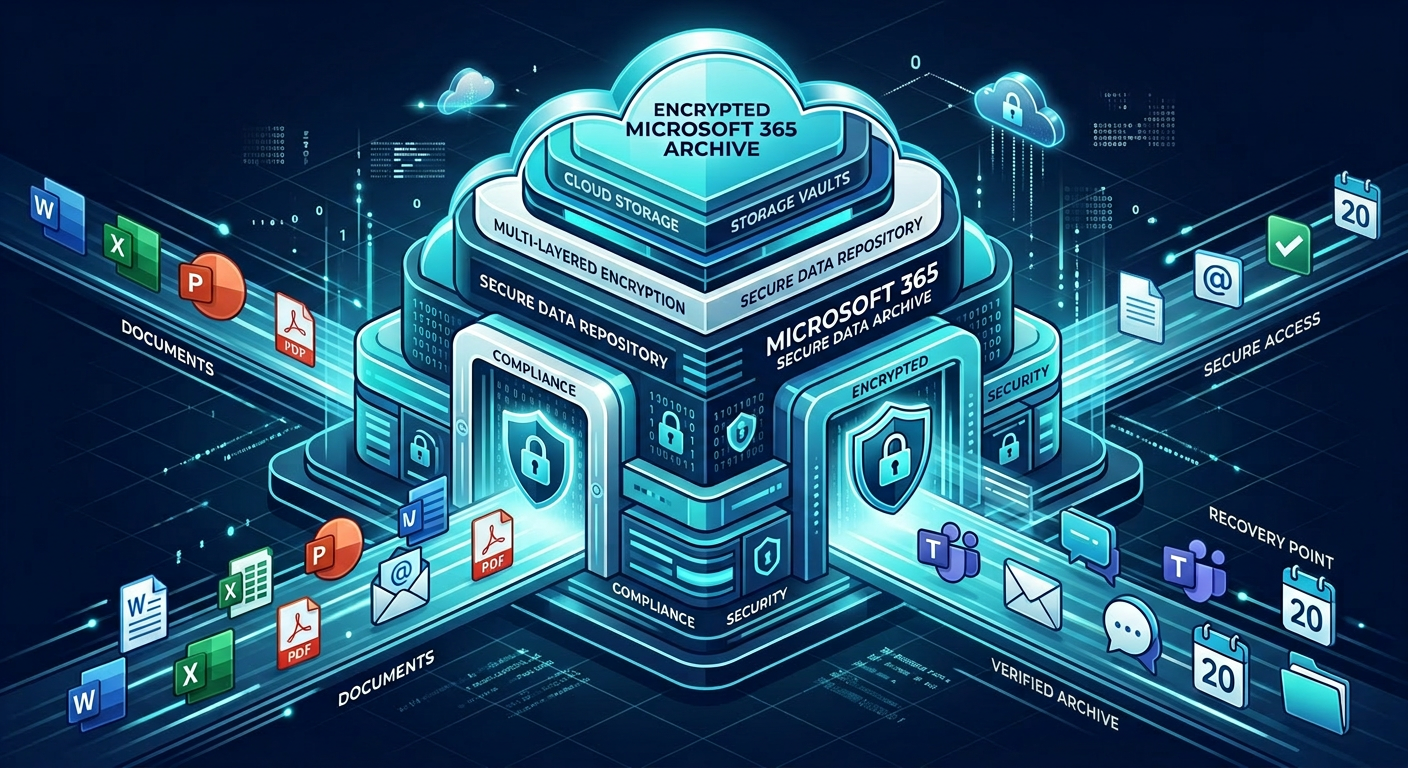 Modern illustrative scene of layered cloud storage vaults protecting Microsoft 365 data, with document icons, email, calen...