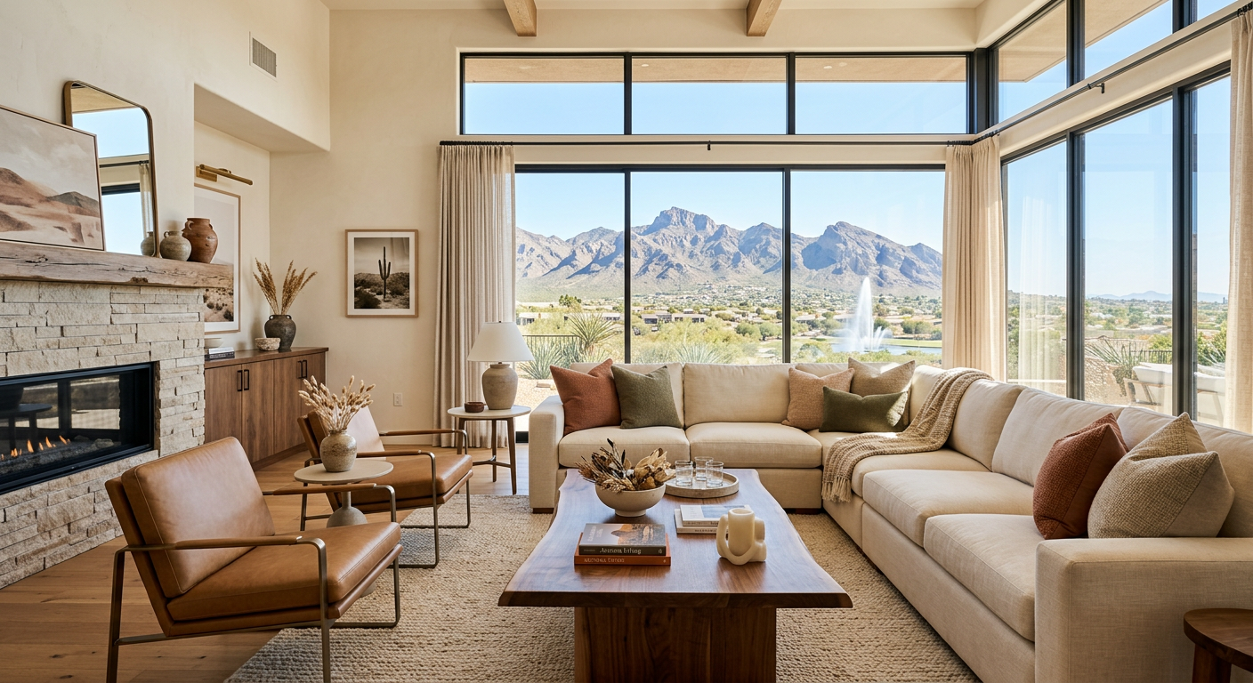 Modern photorealistic interior of a high-end vacation rental living room in Fountain Hills, bright natural light, neutral ...
