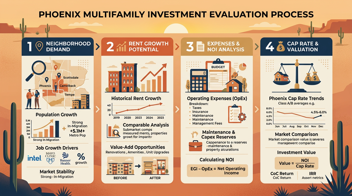Detailed infographic-style illustration of a Phoenix multifamily investment evaluation process, showing rent growth, expen...
