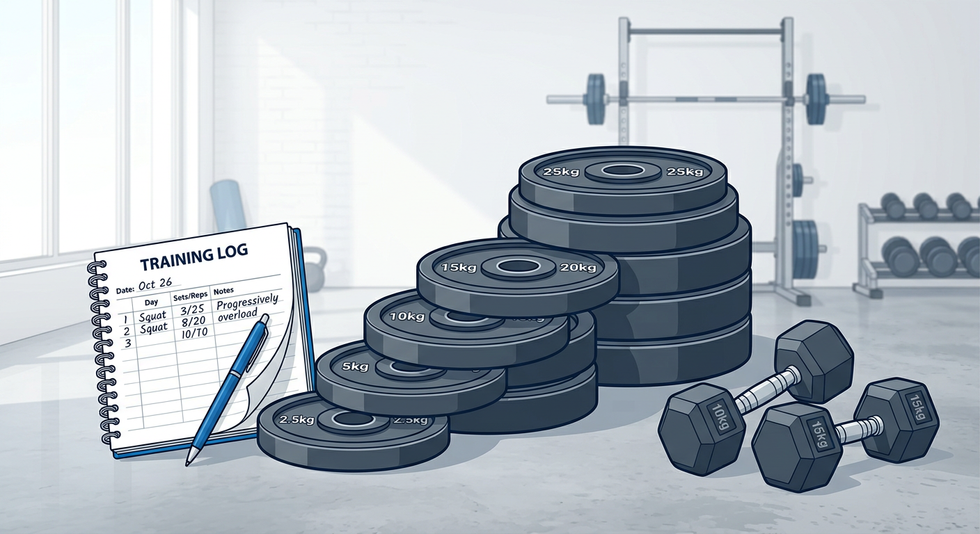 Clean modern illustration of a barbell plate stack rising step by step beside a training log and dumbbells, balanced compo...