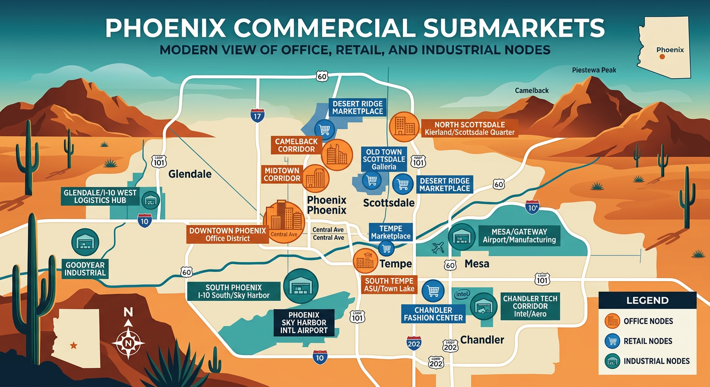 Modern illustrated map-style view of Phoenix commercial submarkets with highlighted office, retail, and industrial nodes, ...