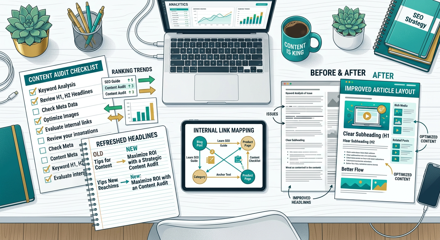 An overhead modern workspace illustration showing a content audit checklist, ranking arrows, refreshed headlines, internal...