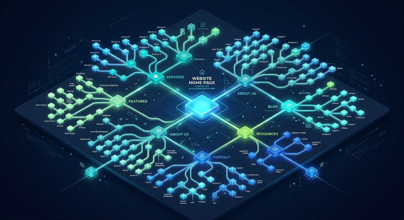 Isometric 3D visualization of interconnected website pages as glowing nodes and paths, with one central hub page highlight...