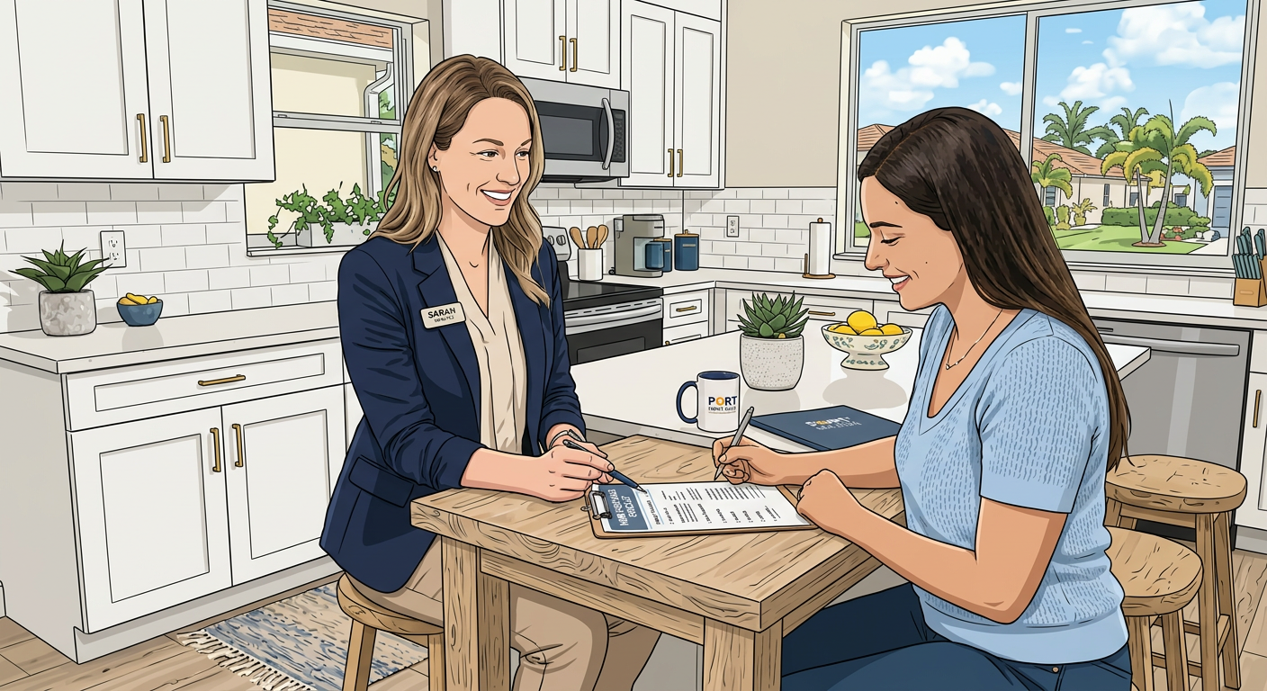 Modern illustrative scene showing a realtor reviewing a home purchase checklist with a buyer inside a bright Port Saint Lu...