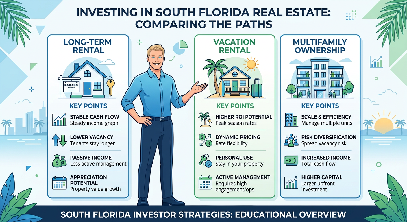 A modern infographic-style illustration of a South Florida investor comparing three paths, long-term rental, vacation rent...