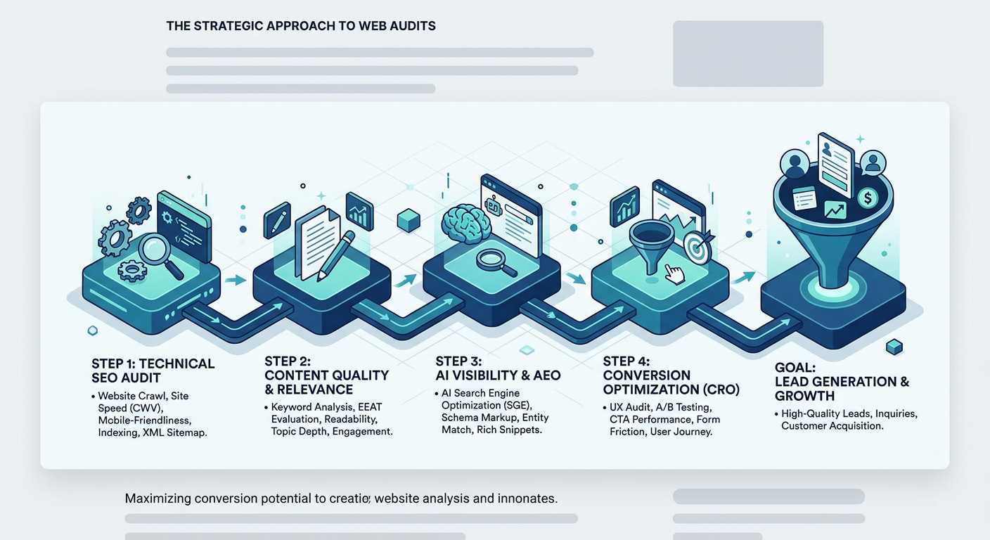 A clean, modern isometric illustration of a website audit workflow showing technical SEO, content quality, AI visibility, ...